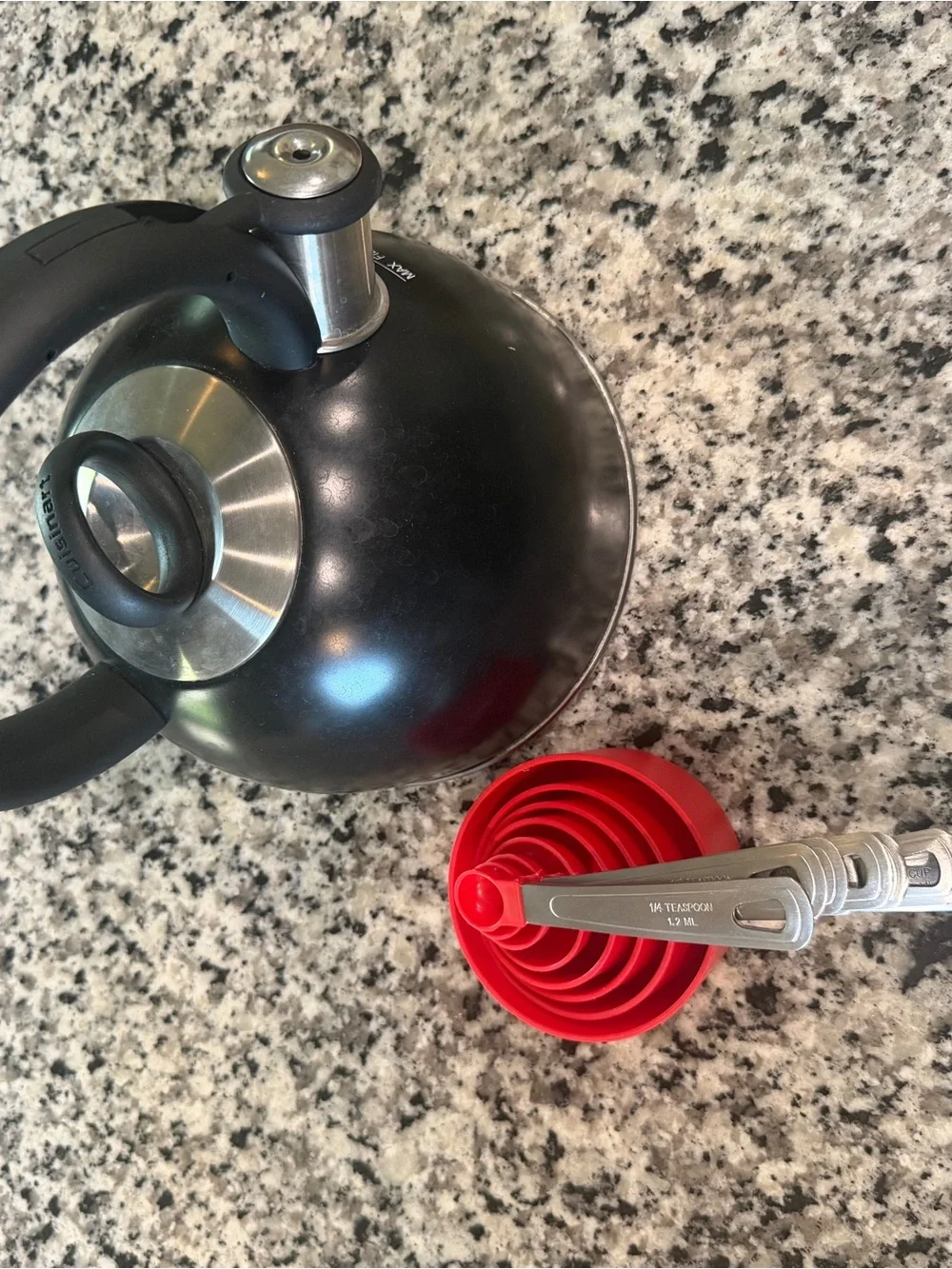 Black Stainless Steel Whistling Tea Kettle + Red Measuring Cups & Spoons Bundle